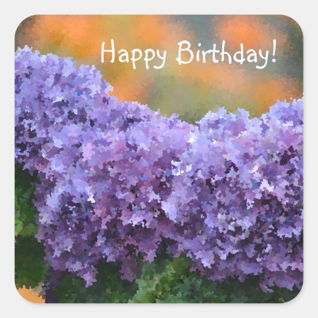 Happy Birthday Impressionistische Lila Hydrangea Quadratischer Aufkleber (Vorderseite)