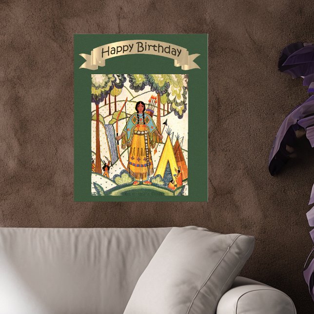 Happy Birthday Indianerinnen Stickerei Poster (Happy Birthday poster decoration embroidery texture Native American woman in woods on green.)