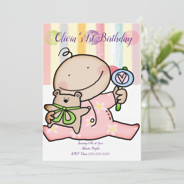 Happy Birthday Invitation Baby Girl Einladung (Stehend Vorderseite)
