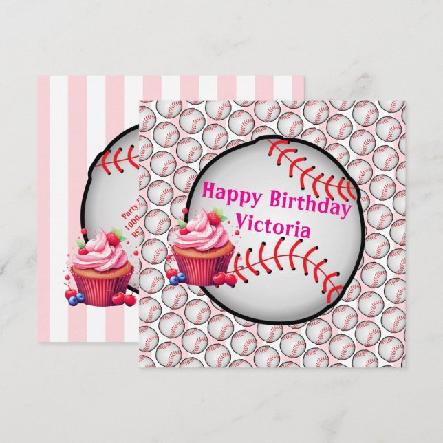 Happy Birthday Invitation Stripe Pink Baseball Einladung (Vorne/Hinten)