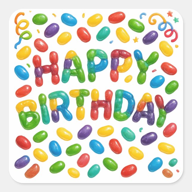 Happy Birthday Jelly Beans Quadratischer Aufkleber (Vorderseite)
