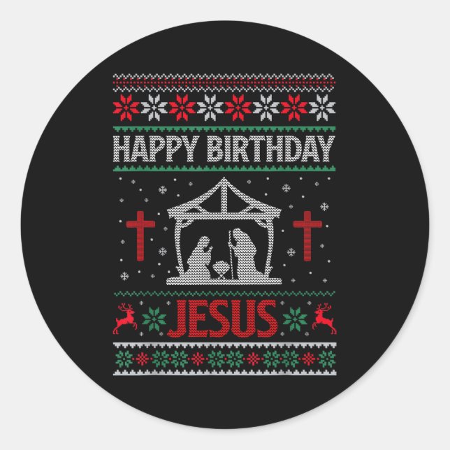 Happy Birthday Jesus Holiday Ugly Christmas Sweate Runder Aufkleber (Vorderseite)
