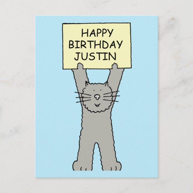 Happy Birthday Justin Cartoon Cat Postkarte (Vorderseite)