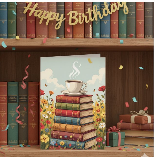 Happy Birthday | Kaffee und Bücher Karte (Von Creator hochgeladen)