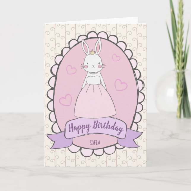 Happy Birthday Kaninchen Prinzessin pink weiß mädc Karte (Vorderseite)