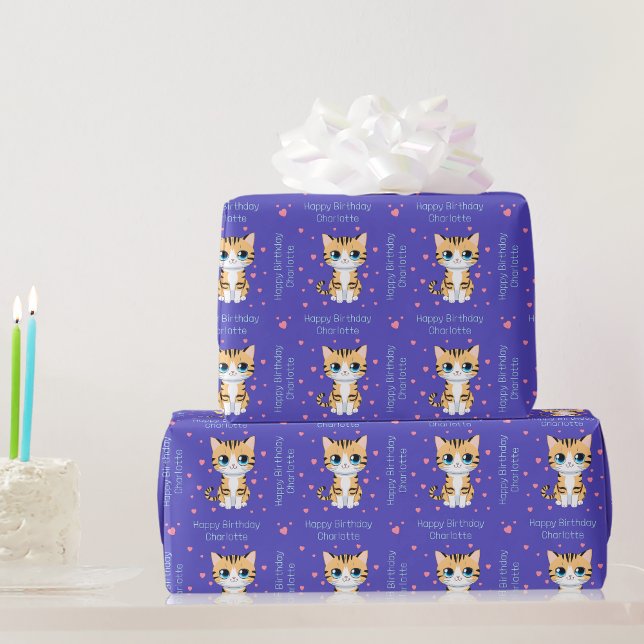 Happy Birthday Kawaii Cat Personalisierte Geschenk Geschenkpapier (Gifts Wrapped with Kitty Love! 🎁😺)