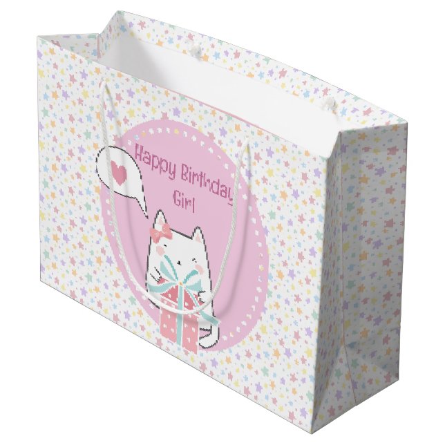 Happy Birthday Kawaii Katze mit Geschenkboxen Große Geschenktüte (Rückseite Schrägansicht)