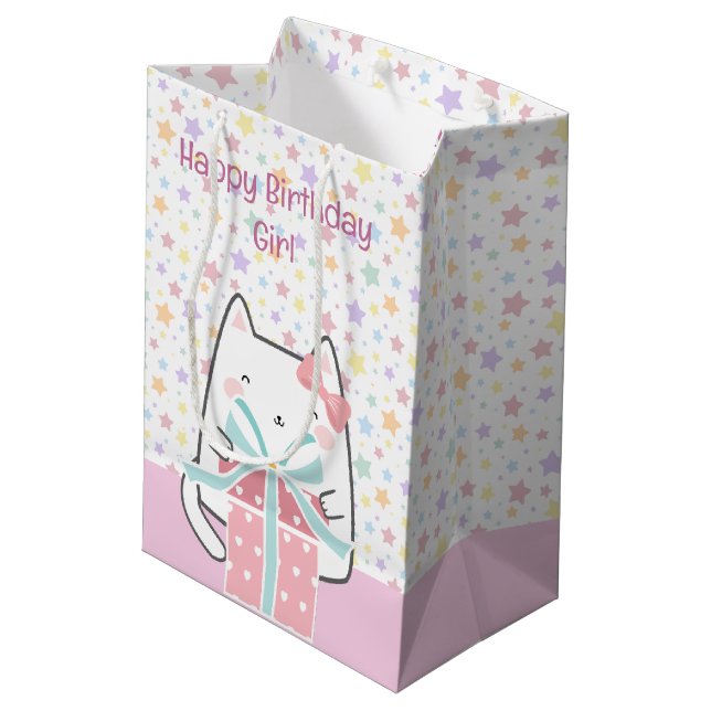 Happy Birthday Kawaii Katze mit Geschenkboxen Mittlere Geschenktüte (Rückseite Schrägansicht)