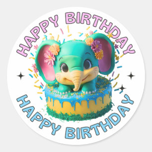 Happy Birthday Kawaii Niedlich Elephant Cake Stick Runder Aufkleber