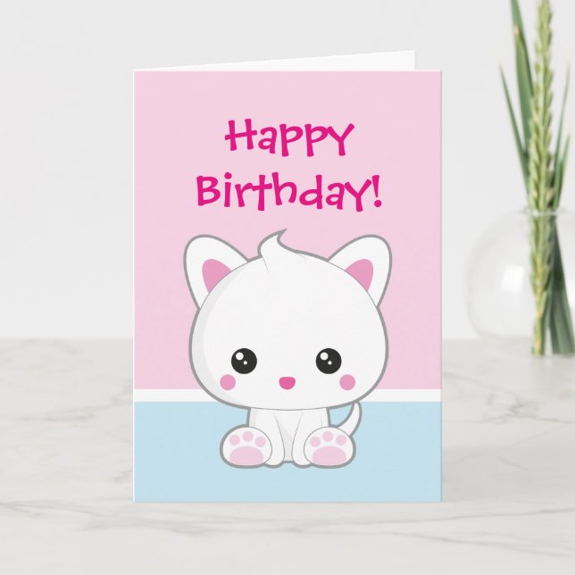 Happy Birthday Kawaii White Cat Karte (Vorderseite)