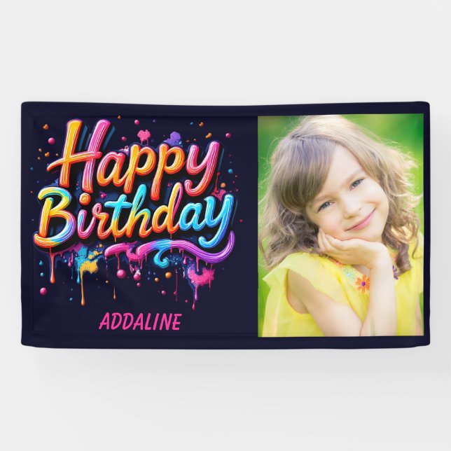Happy Birthday Kids Black Orange Pink Foto Banner (Horizontal)