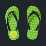 Happy Birthday Kids Flip Flops (Neon Green)<br><div class="desc">Alles Gute zum Geburtstag...  im Vintagen Stil...  Neongrüner Hintergrund mit neongelben Polka-Punkten...  neongelber Mittelkreis mit neongrüner Schrift...  grüne Akzente...  Eine tolle Geschenkidee...  geeignet zum Geburtstag... . und ein Sommer,  der für Outdoor-Spaß unverzichtbar ist...  perfekt für ein Geburtstagsschwimmbad Party... </div>