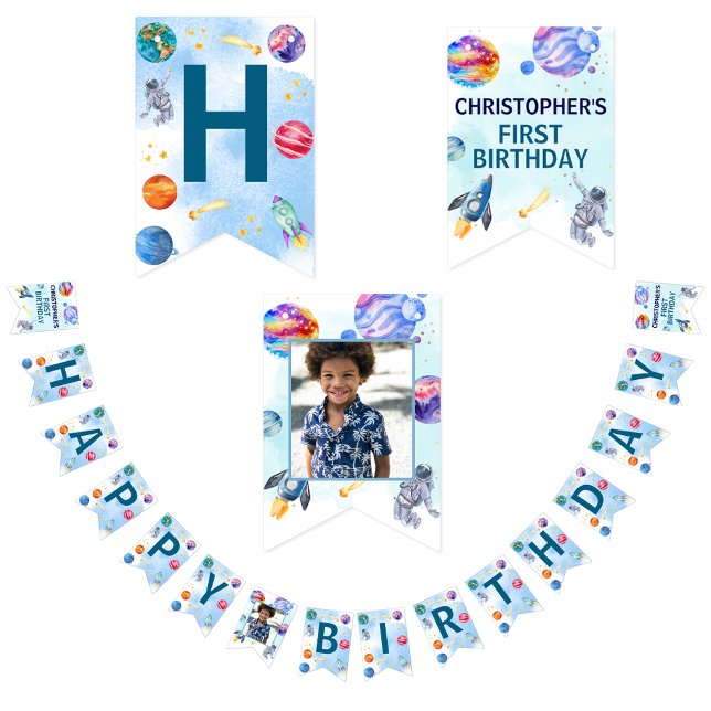 Happy Birthday Kids Modern Blue Wimpelkette (Von Creator hochgeladen)