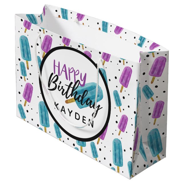 Happy Birthday Kid's Name Summer Ice Pop Party Große Geschenktüte (Rückseite Schrägansicht)