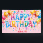 Happy Birthday Kids Pink Orange Wasserfarbe Banner<br><div class="desc">Machen Sie ihren besonderen Tag unvergesslich mit diesem personalisierten Geburtstagsbanner - eine lustige und farbenfrohe Ergänzung zu jeder Feier! Mit fett rosa, blau und orange gestrichenen Blockbuchstaben, die stolz auf "Happy Birthday" Zauber und umgeben von pulsierenden Ballons, verleiht dieses Banner dem Party eine helle und fröhliche Atmosphäre. Passen Sie es...</div>