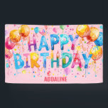 Happy Birthday Kids Pink Orange Wasserfarbe Banner<br><div class="desc">Machen Sie ihren besonderen Tag unvergesslich mit diesem personalisierten Geburtstagsbanner - eine lustige und farbenfrohe Ergänzung zu jeder Feier! Mit fett rosa, blau und orange gestrichenen Blockbuchstaben, die stolz auf "Happy Birthday" Zauber und umgeben von pulsierenden Ballons, verleiht dieses Banner dem Party eine helle und fröhliche Atmosphäre. Passen Sie es...</div>