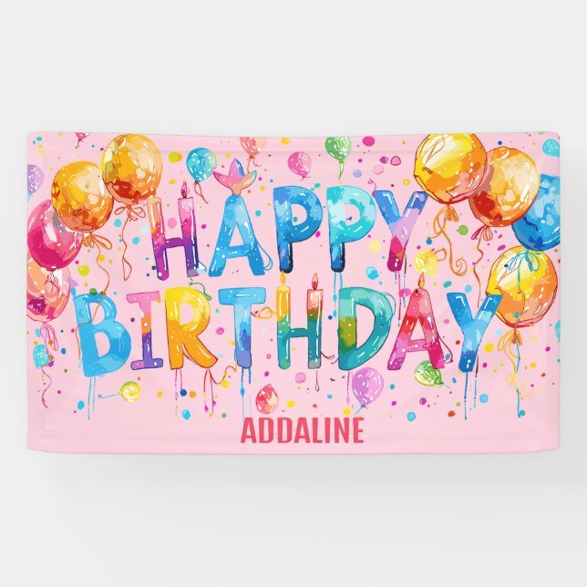 Happy Birthday Kids Pink Orange Wasserfarbe Banner (Horizontal)