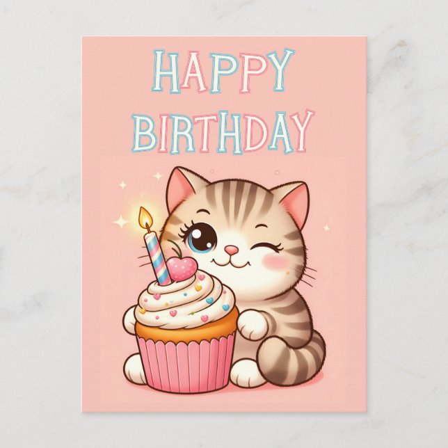 Happy Birthday Kitten cupcake Postcard Postkarte (Vorderseite)