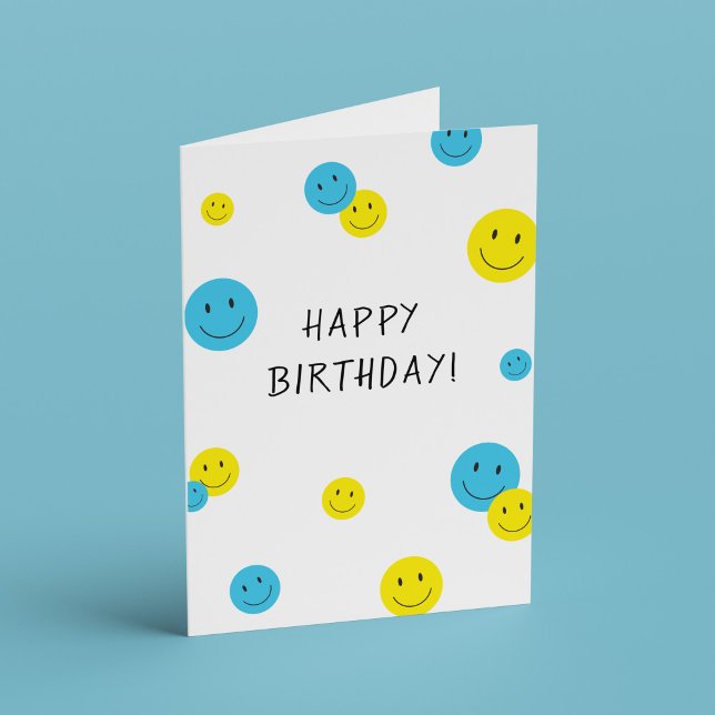 Happy Birthday Lächeln Faces Blau gelb Karte (happy faces birthday card)