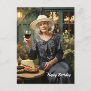 Happy Birthday Lady im Garten mit Wein und Käse Postkarte