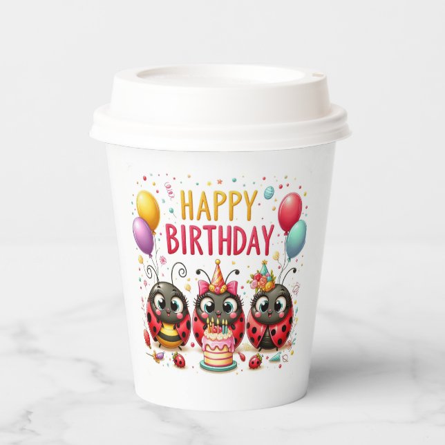 Happy Birthday Ladybugs Paper Cups Pappbecher (Vorderseite)