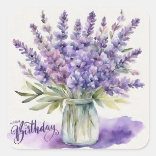 Happy Birthday Lavender Blume in Jar Watercolor Quadratischer Aufkleber