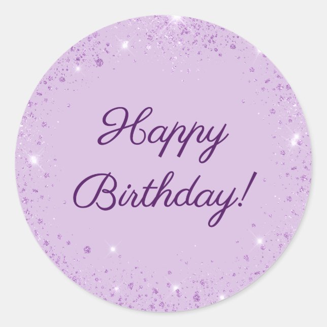 Happy Birthday lavender purple glitter Runder Aufkleber (Vorderseite)