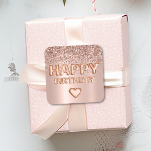 Happy Birthday Letter Ballon Rose Gold Herz Quadratischer Aufkleber