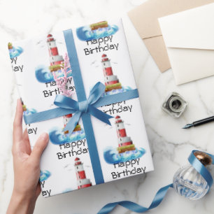 Happy Birthday Lighthouses on White Geschenkpapier