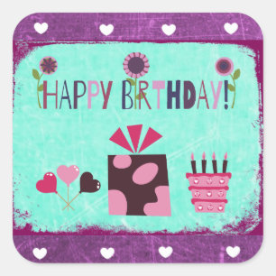 Happy Birthday Lila Aquamarin Geburtstag Geburtsta Quadratischer Aufkleber