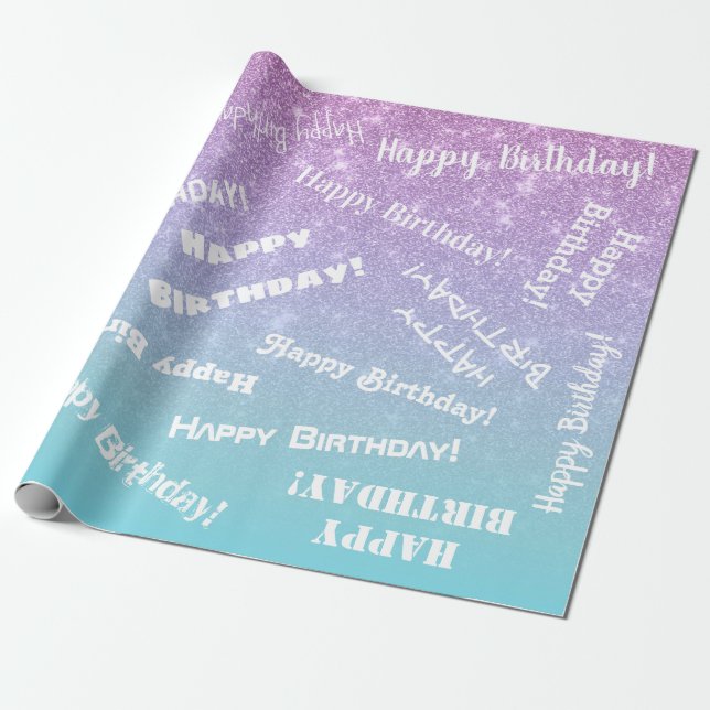 Happy Birthday Lila Blue Glitzer Ombre Gradient Geschenkpapier (Ungerollt)