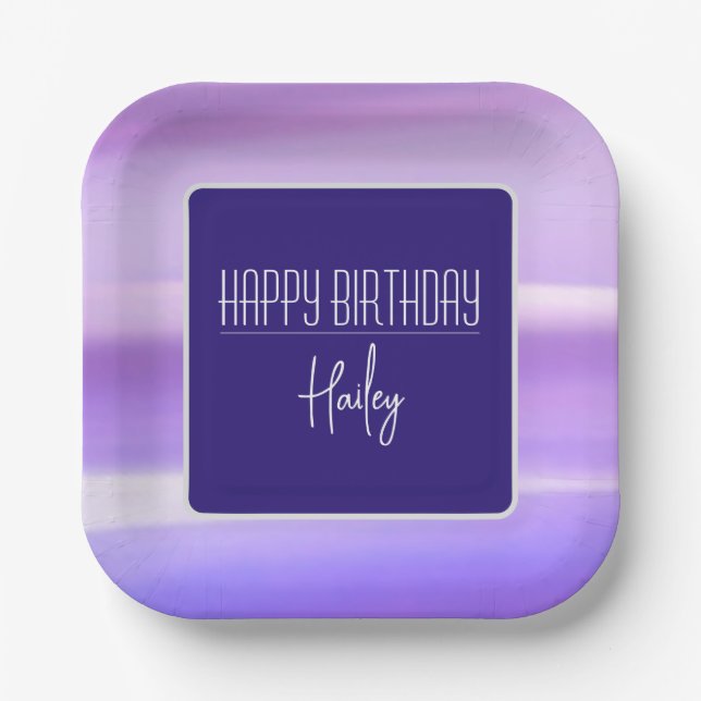 "Happy Birthday" Lila, individuell anpassbare Papi Pappteller (Vorderseite)