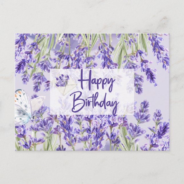 Happy Birthday Lila Lavender Blume Postkarte (Vorderseite)