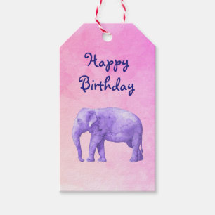 Happy Birthday Lila Watercolor Elefant on Pink Geschenkanhänger