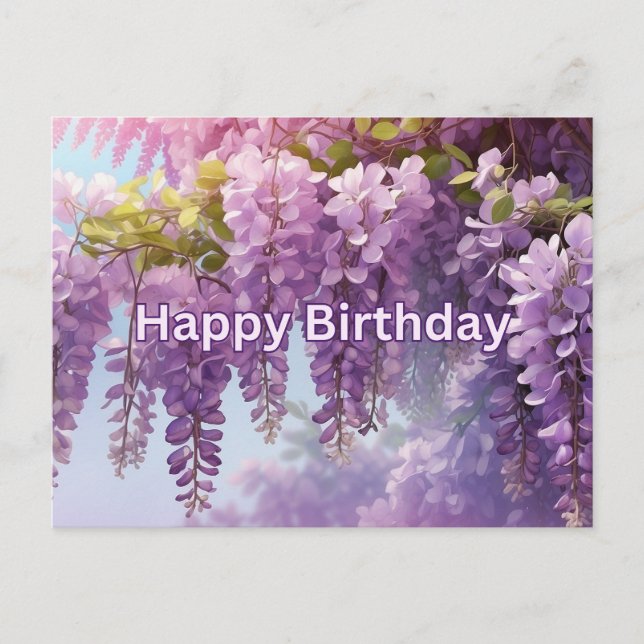 Happy Birthday Lila Wisteria Blume Postkarte (Vorderseite)