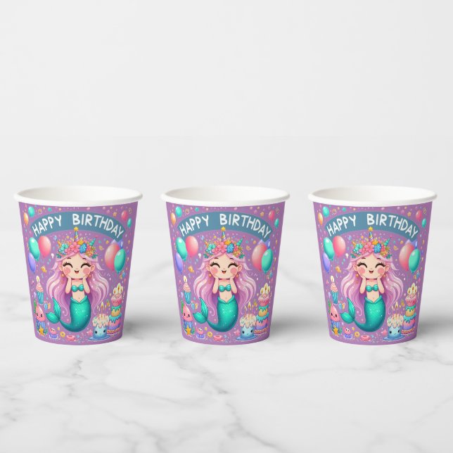 Happy Birthday Little Girl Mermaid Paper Cups Pappbecher (Multi)