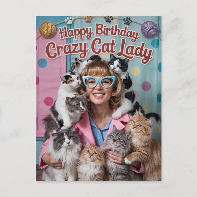 Happy Birthday lustige Retro Crazy Cat Lady Postkarte (Vorderseite)