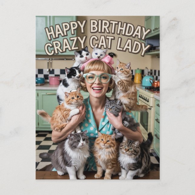 Happy Birthday lustige Retro Crazy Cat Lady Postkarte (Vorderseite)