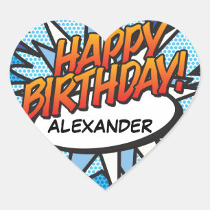 HAPPY BIRTHDAY Lustiger Retro-Comic Herz-Aufkleber