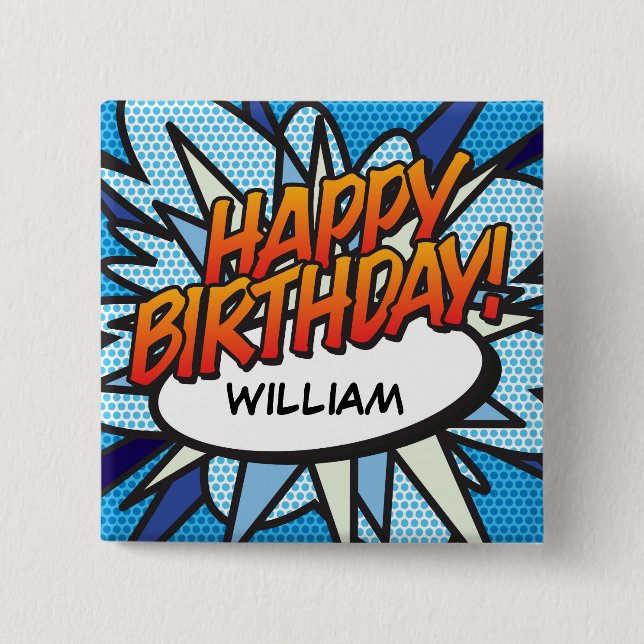 HAPPY BIRTHDAY Lustiges Retro-Comicbook Button (Vorderseite)
