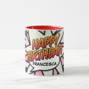 HAPPY BIRTHDAY Lustiges Retro-Comicbuch Rosa Tasse