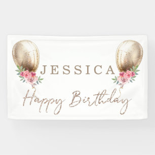 Happy Birthday Luxury Beige Balloon Glitzer Banner