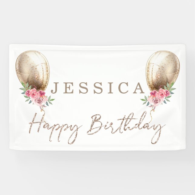 Happy Birthday Luxury Beige Balloon Glitzer Banner (Horizontal)