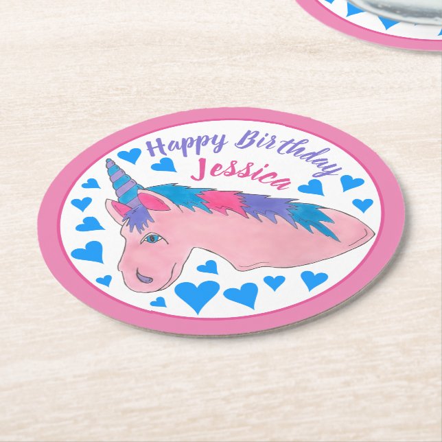 Happy Birthday Magical Pink Unicorn Party Runder Pappuntersetzer (Angewinkelt)