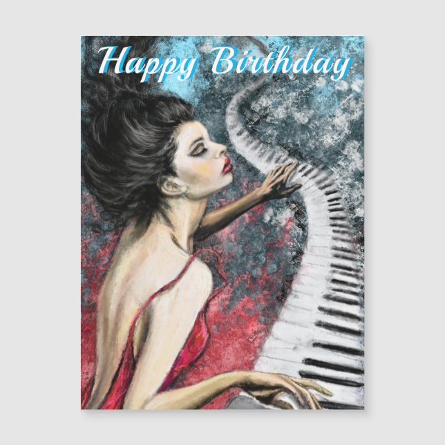 Happy Birthday Magnetc Card Lady in Rot mit Piano Magnetkarte (Vorderseite)