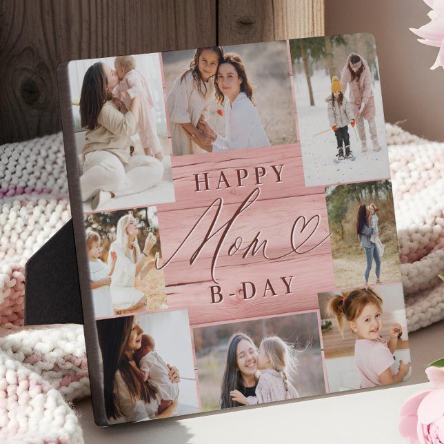 Happy Birthday Mama Foto Collage Pink Woodgrain Fotoplatte (Happy Birthday Mom Photo Collage Pink Woodgrain Plaque)