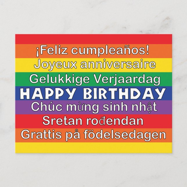 Happy Birthday Many Languages Rainbow Stripes Postkarte (Vorderseite)