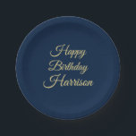 Happy Birthday Marine Blue Gold Drehbuch individue Pappteller<br><div class="desc">Happy Birthday navy blauen goldenen Drehbuch individuelle Name elegantes Party Paper Teller</div>