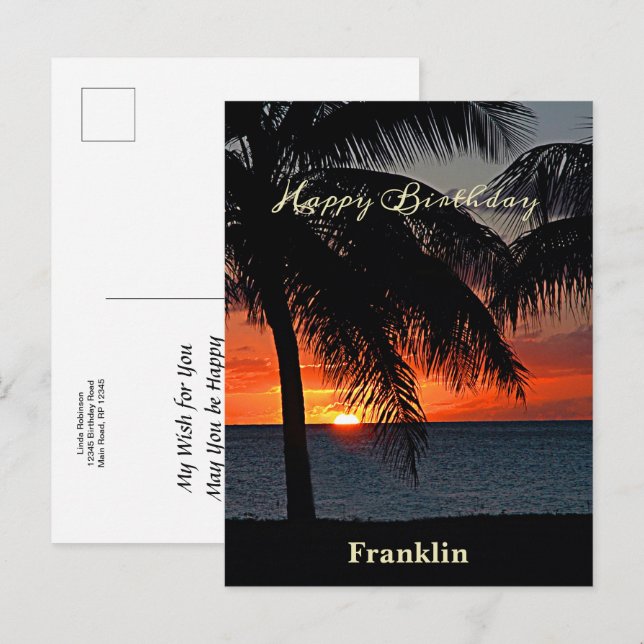 Happy Birthday Men Sunset Ocean Tropical Trees Postkarte (Vorne/Hinten)