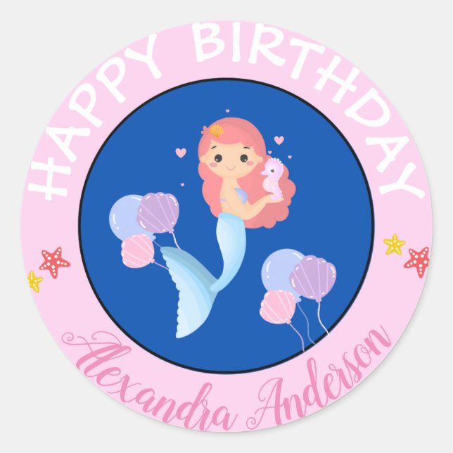 Happy Birthday Mermaid Name Baby Pink Runder Aufkleber (Vorderseite)